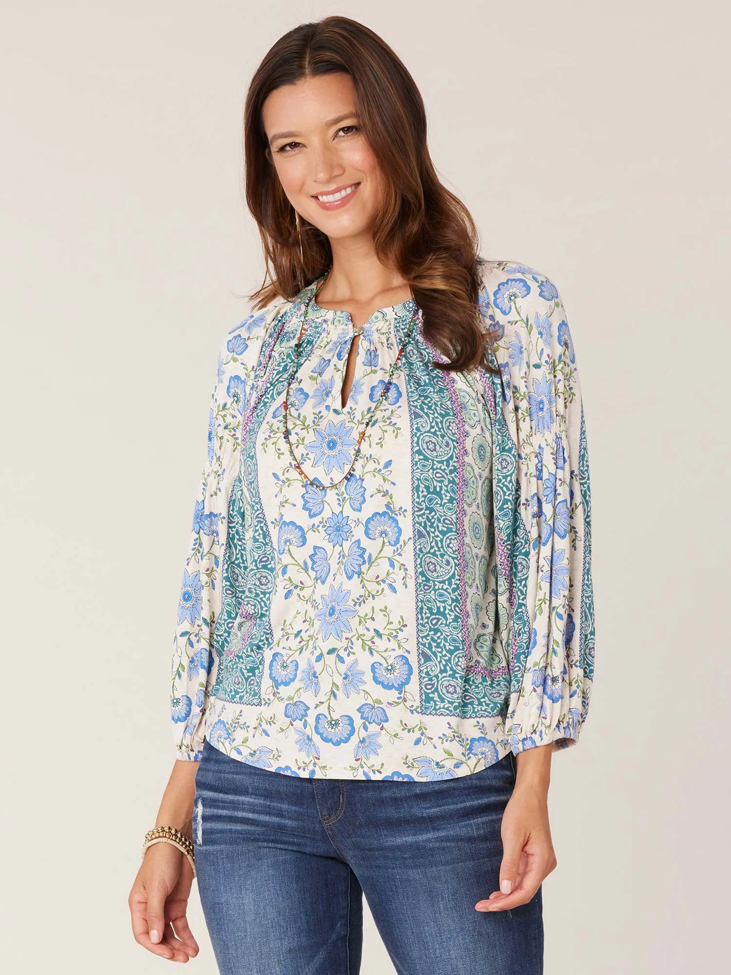 3/4 Blouson Sleeve Split Neck Floral Printed Knit Top