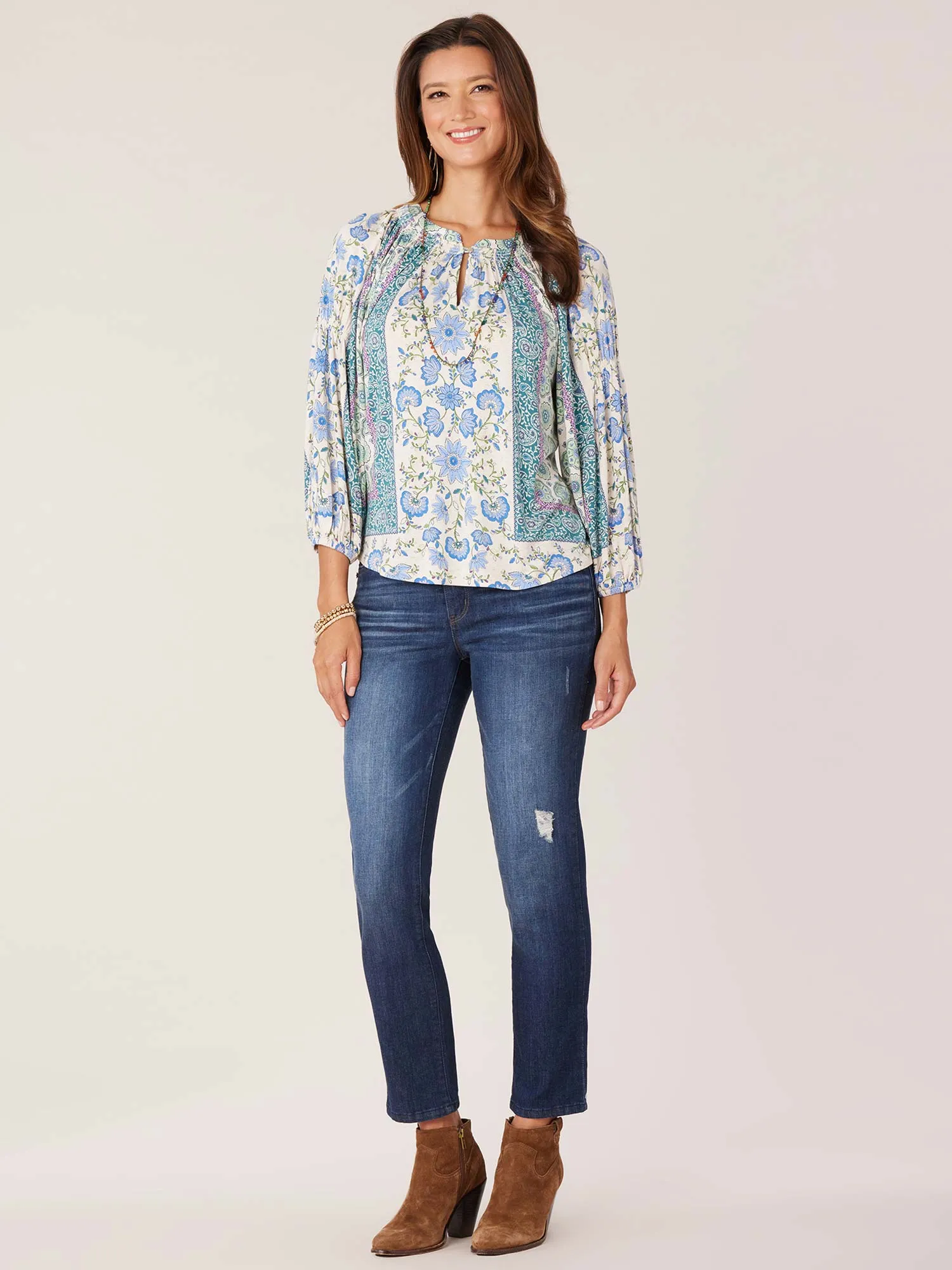 3/4 Blouson Sleeve Split Neck Floral Printed Knit Top