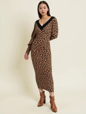 Animal Print V-Neck Midi Sweater Dress