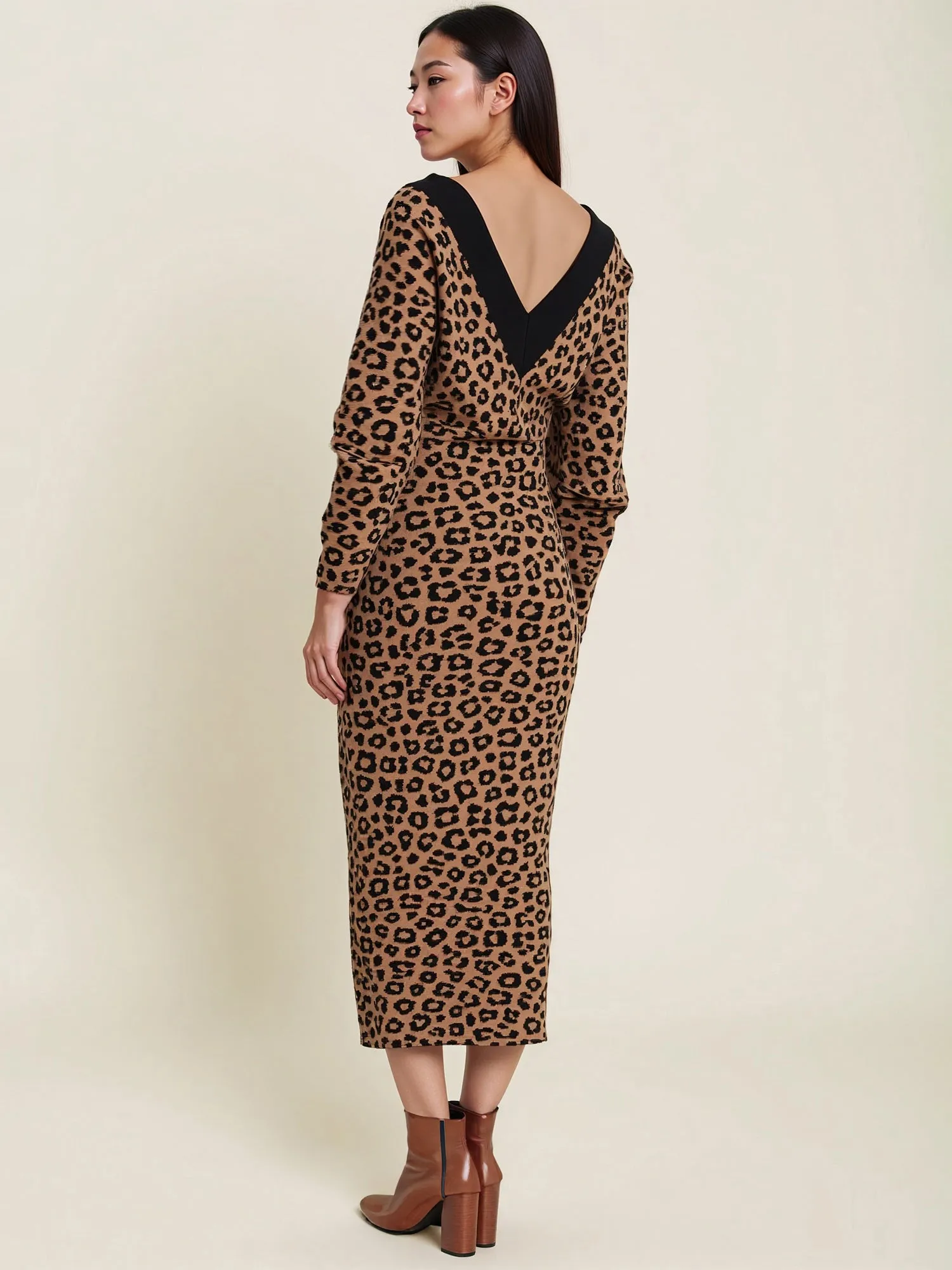 Animal Print V-Neck Midi Sweater Dress