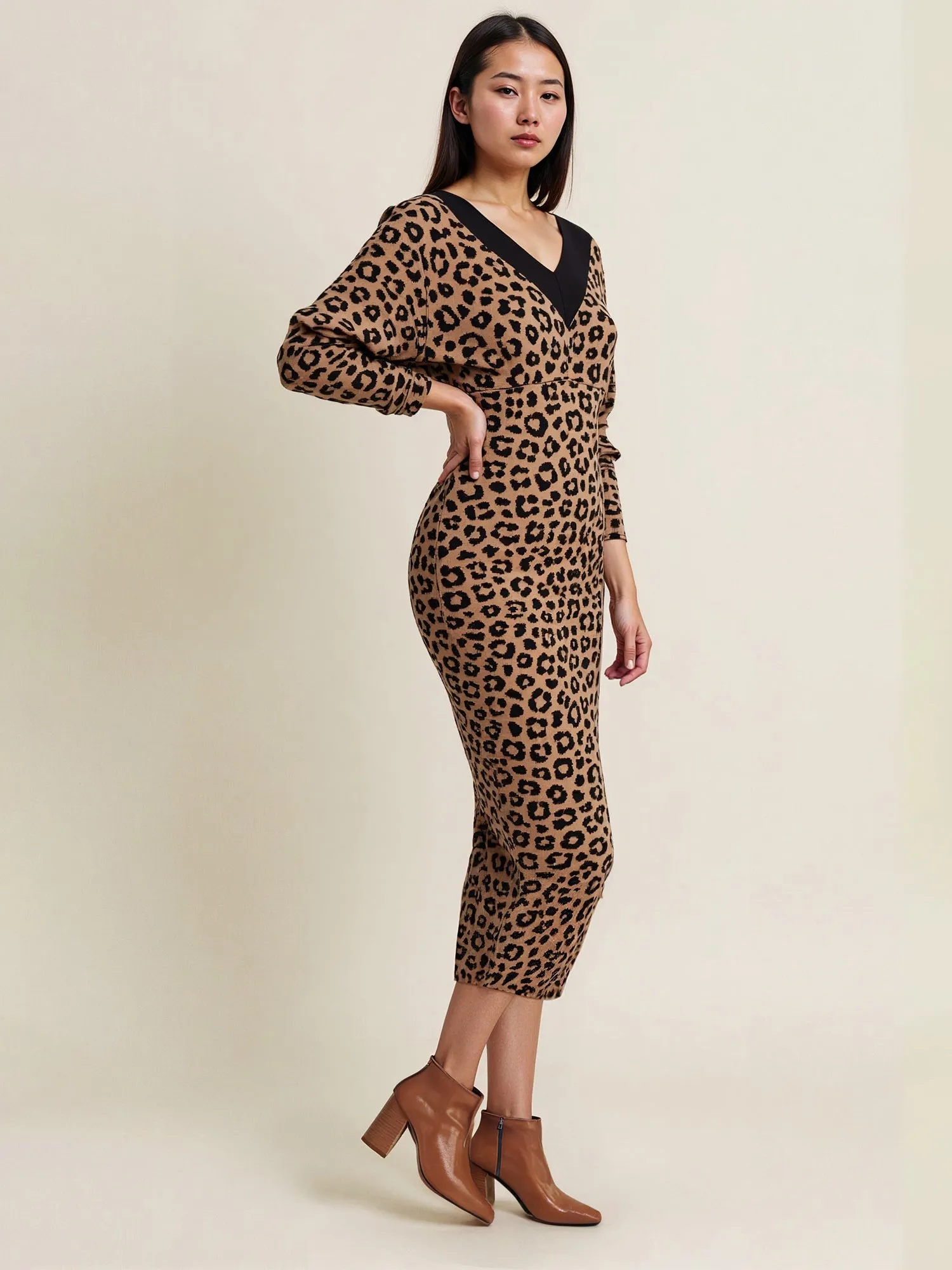 Animal Print V-Neck Midi Sweater Dress