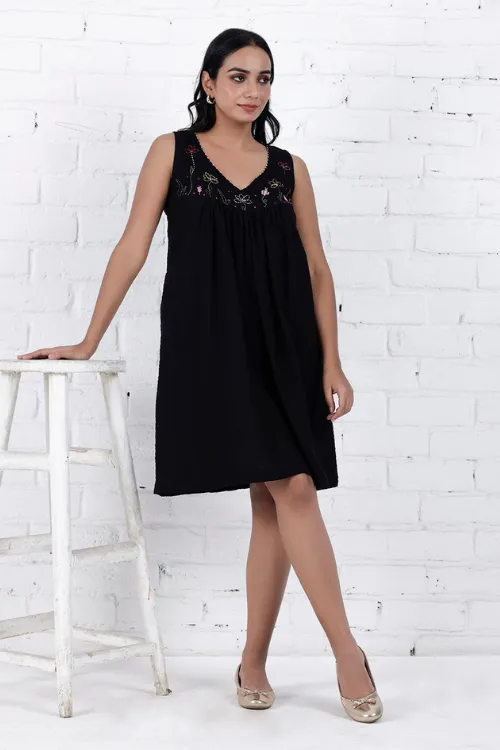 Bebaak Lily Sleeveless Gather Hand Embroidered & Handwoven Black Dress