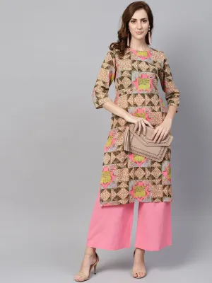 Beige Multi Colored Straight Kurta Set With Solid Light Pink Pants