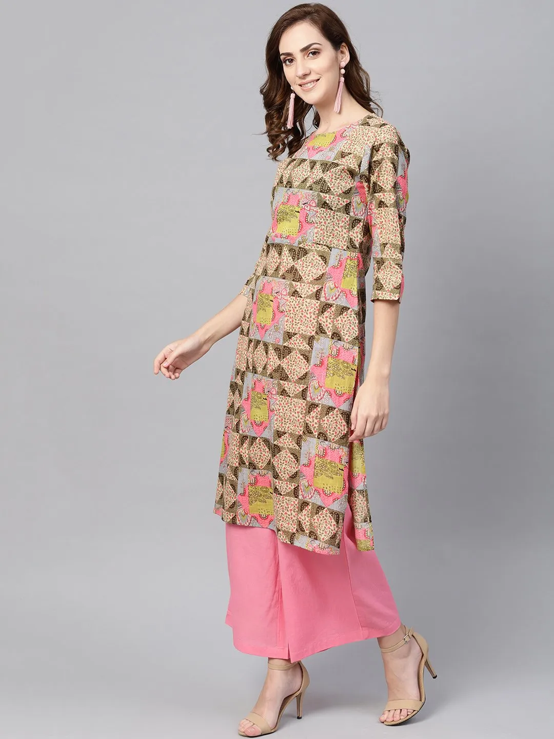 Beige Multi Colored Straight Kurta Set With Solid Light Pink Pants