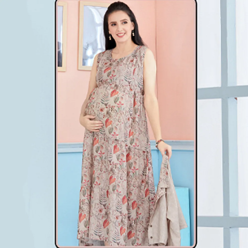 Beige Tropical Printed Nursing Maternity Dress