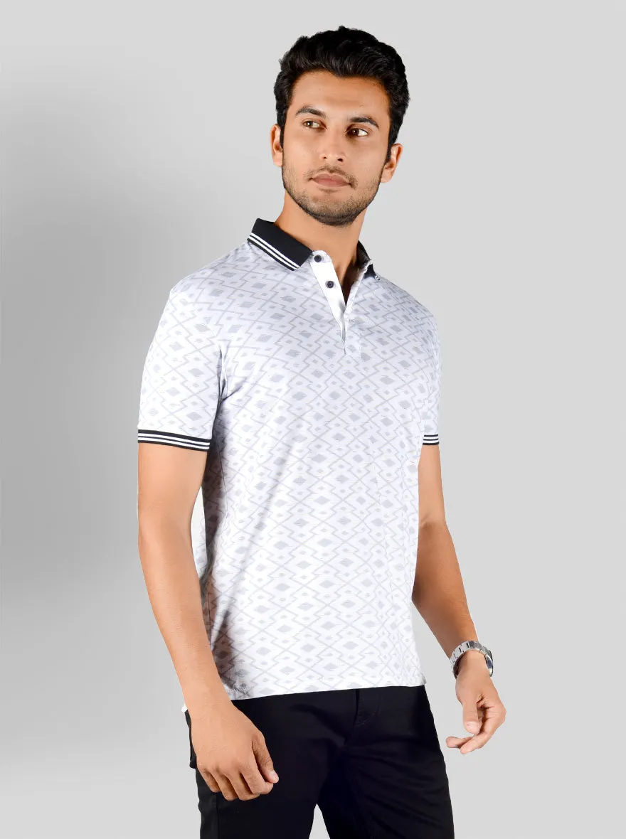 Bright White Printed Slim Fit Polo T-shirt | JadeBlue