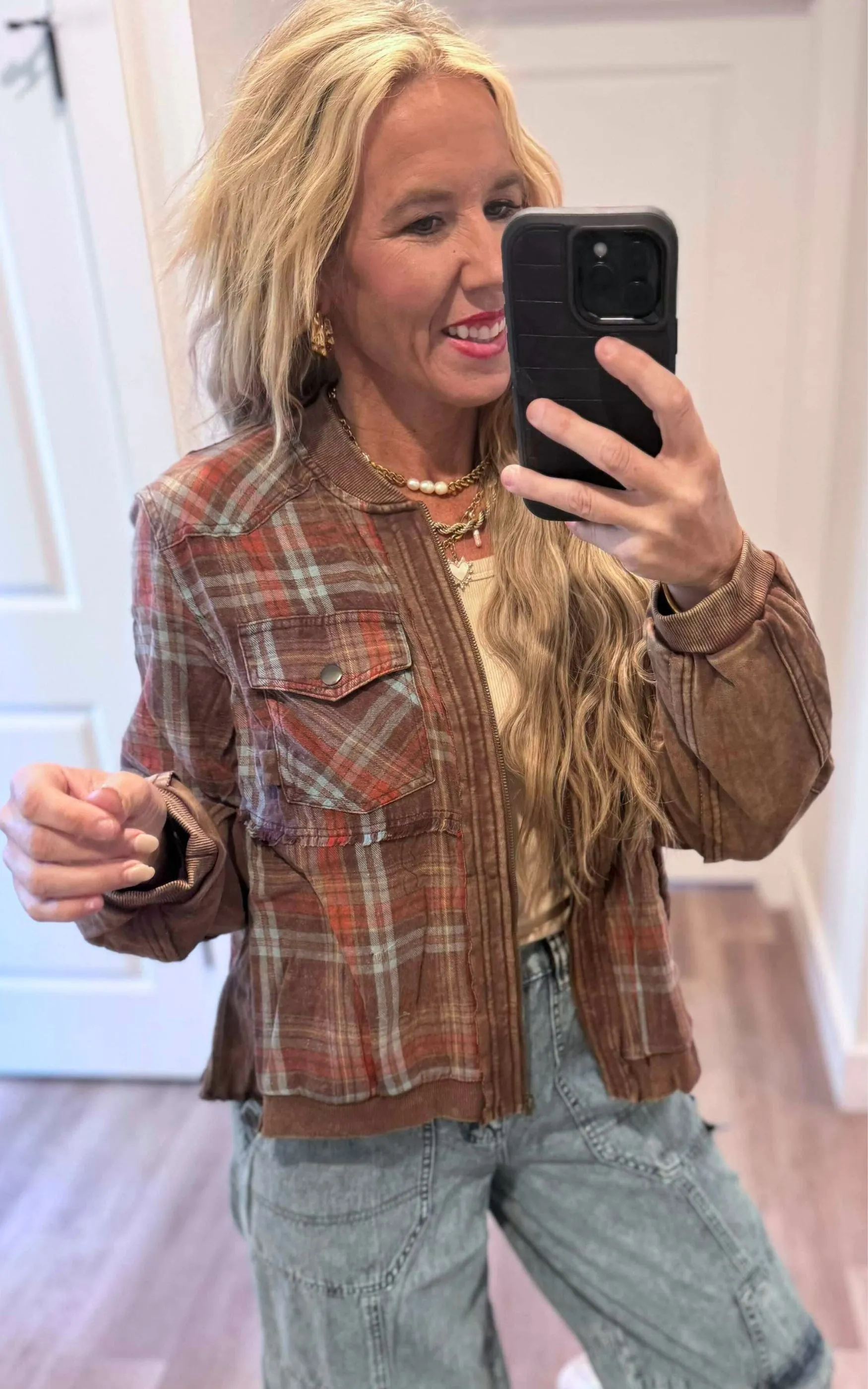 Brown Washed Plaid Terry Combo Jacket