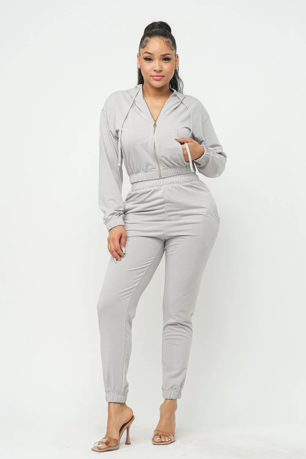 Cloud Grey French Terry Cropped Zip-up Hoodie Jogger Set