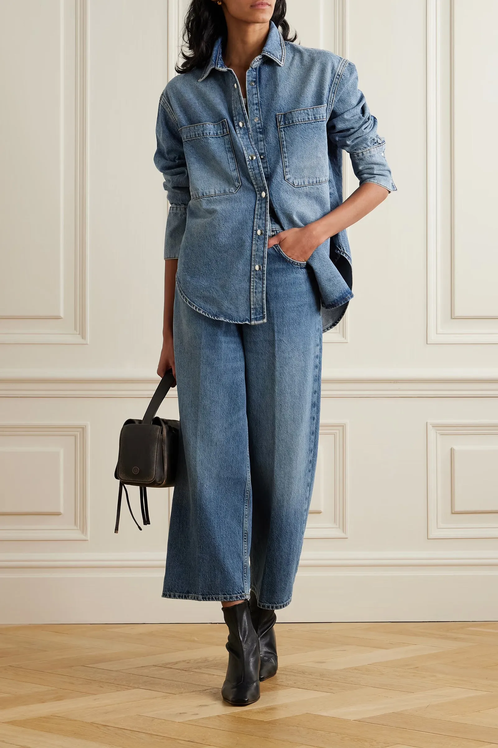 Dante Oversized Denim Shirt and Rick Cropped High-Rise Wide-Leg Jeans