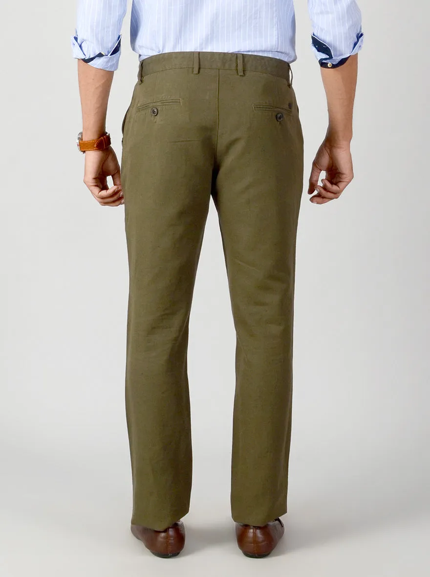 Dark Olive Green Self Textured Slim Fit Casual Trouser | JadeBlue