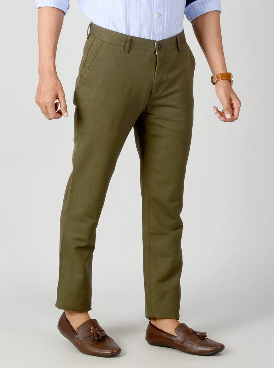 Dark Olive Green Self Textured Slim Fit Casual Trouser | JadeBlue