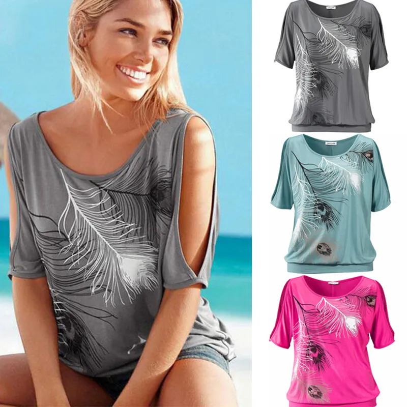 Feather Print Women Casual Summer T-shirt