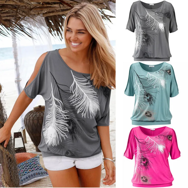 Feather Print Women Casual Summer T-shirt