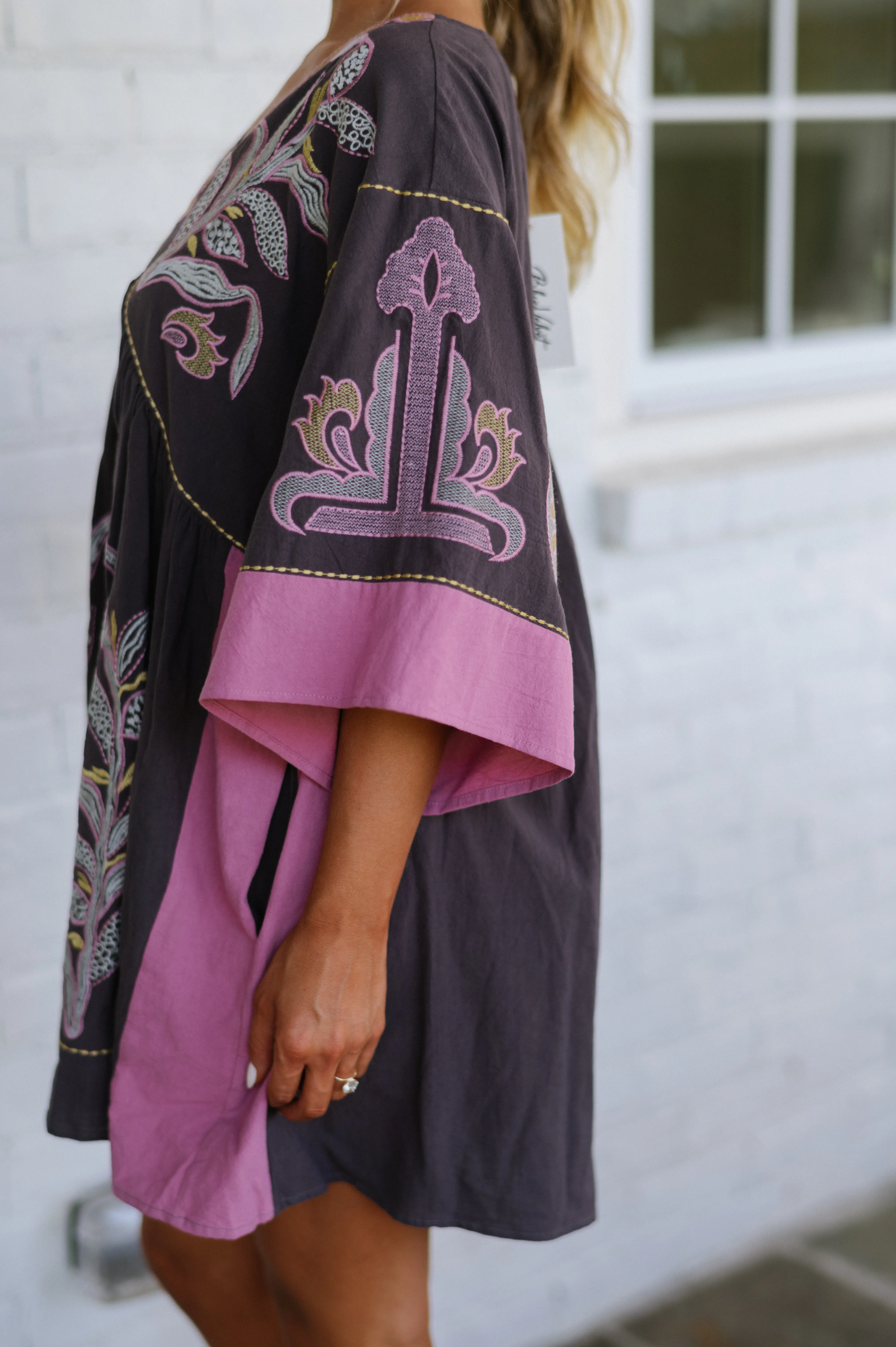 Floral Embroidered Woven Dress-Charcoal/Berry