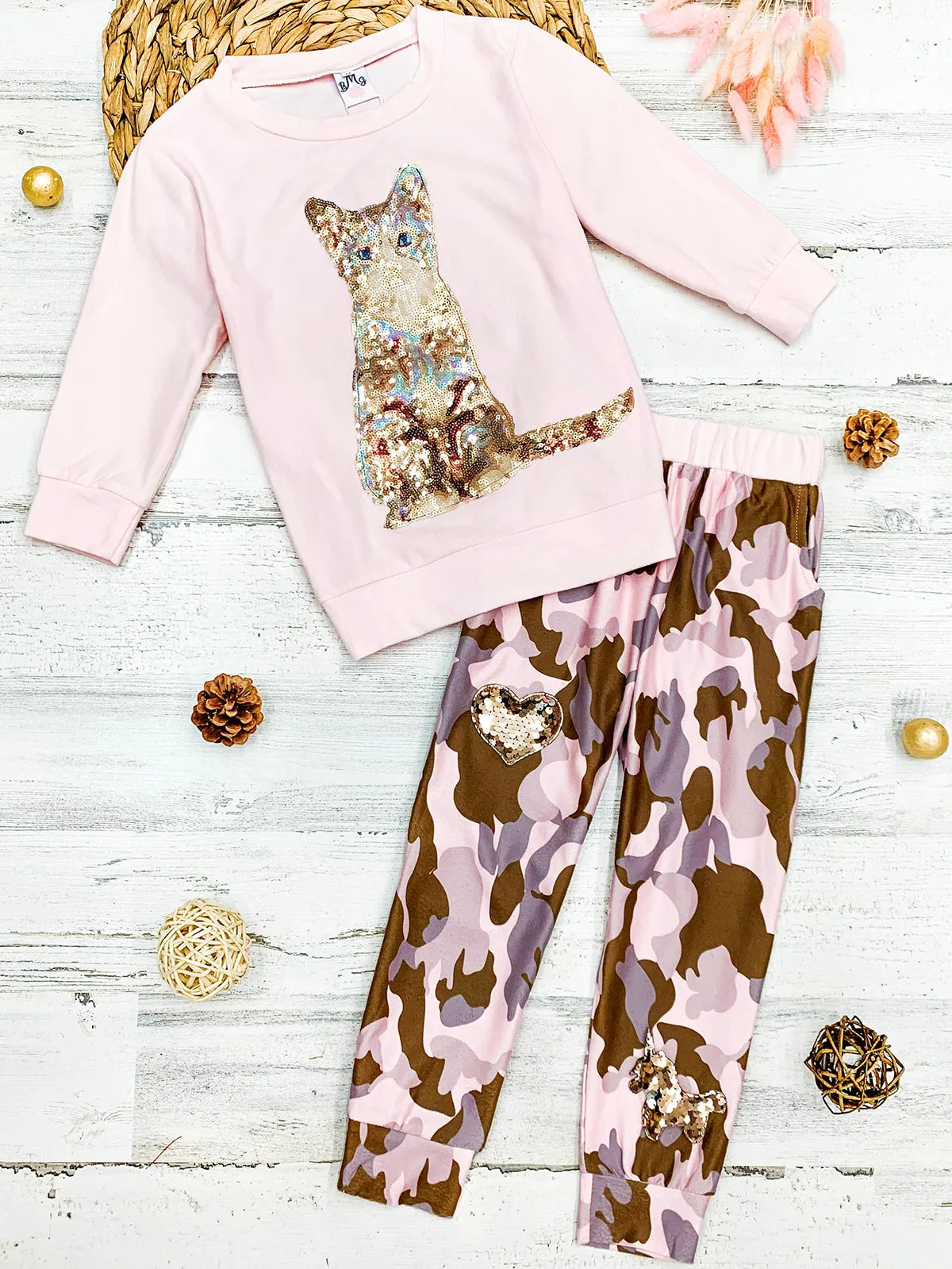 Girls Sequin Kitten Applique Sweatshirt And Sweatpants Set