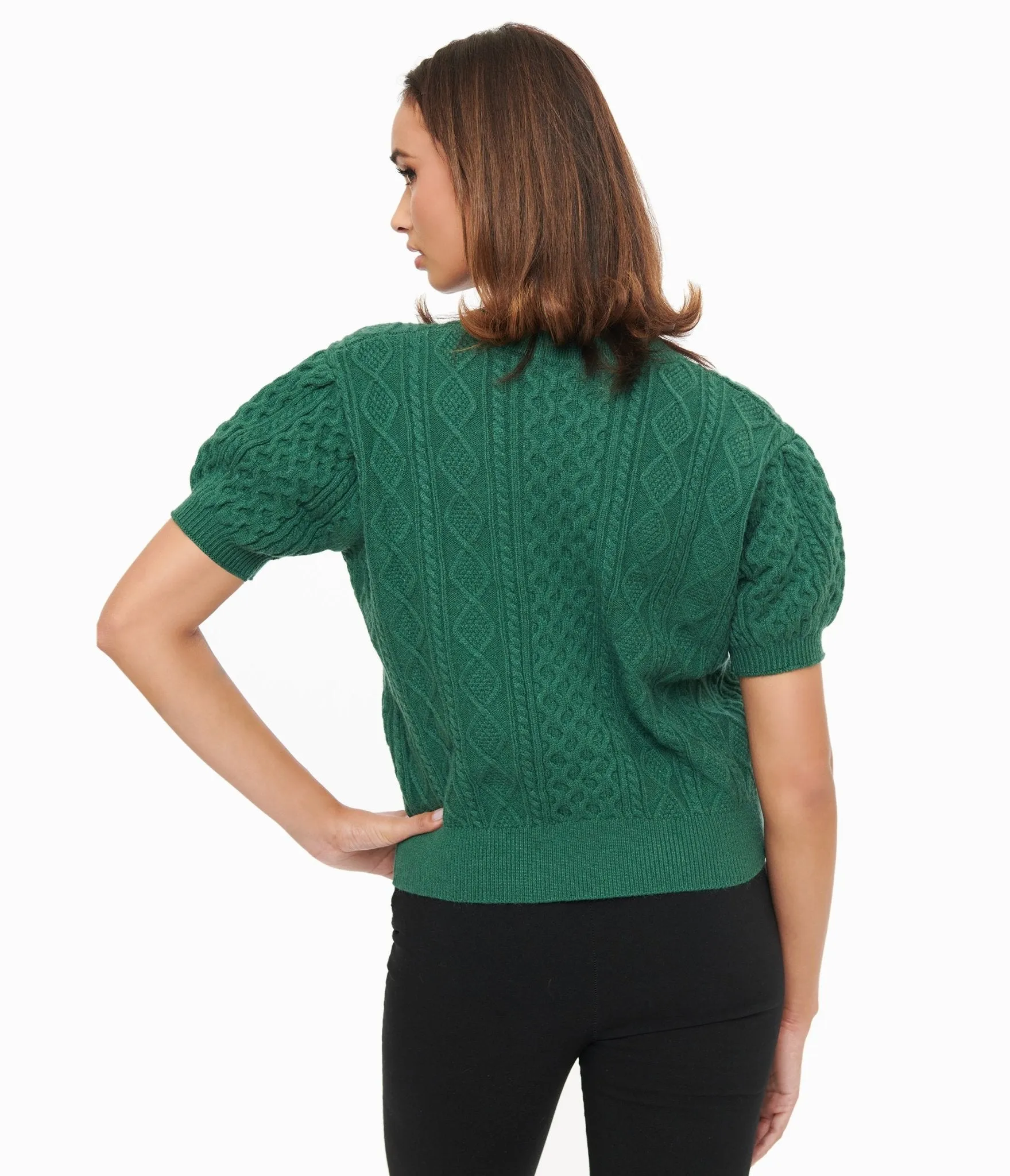 Hunter Green Cable Knit Short Sleeve Sweater