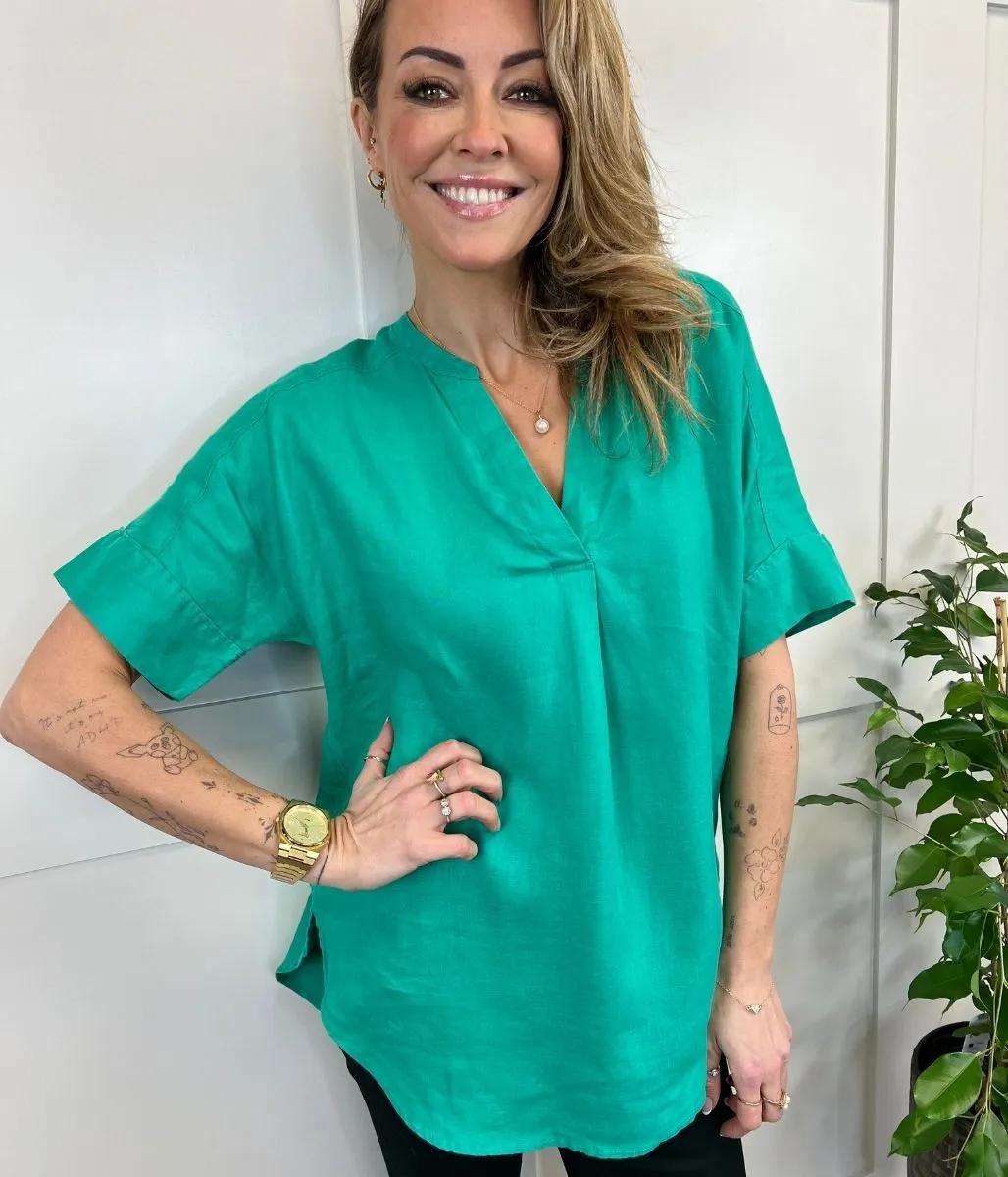 Jade Linen Popover Blouse