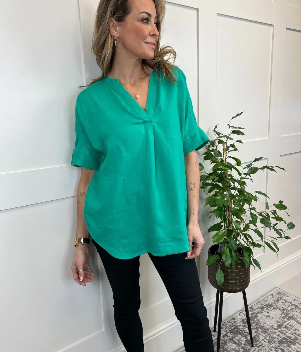 Jade Linen Popover Blouse