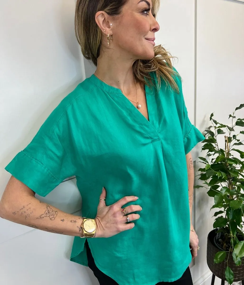 Jade Linen Popover Blouse