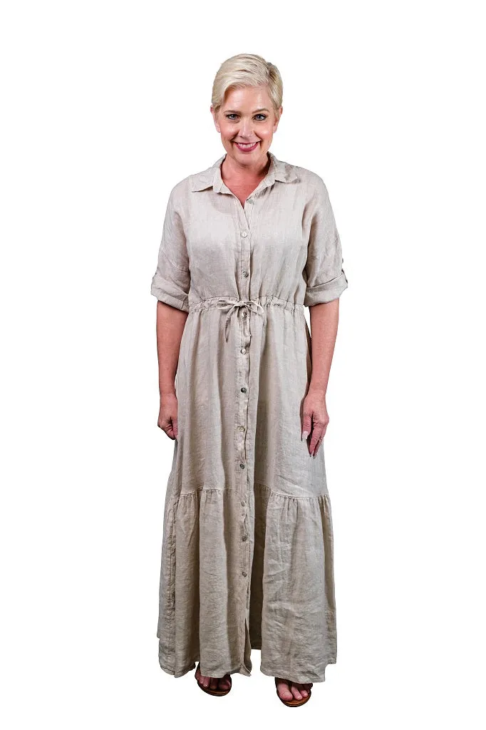 Katalina Linen Button Dress w/Tie (DSS102)