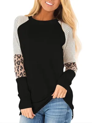 Leopard Print Color Block Casual Crew Neck Long Sleeve Casual Every Day Tops