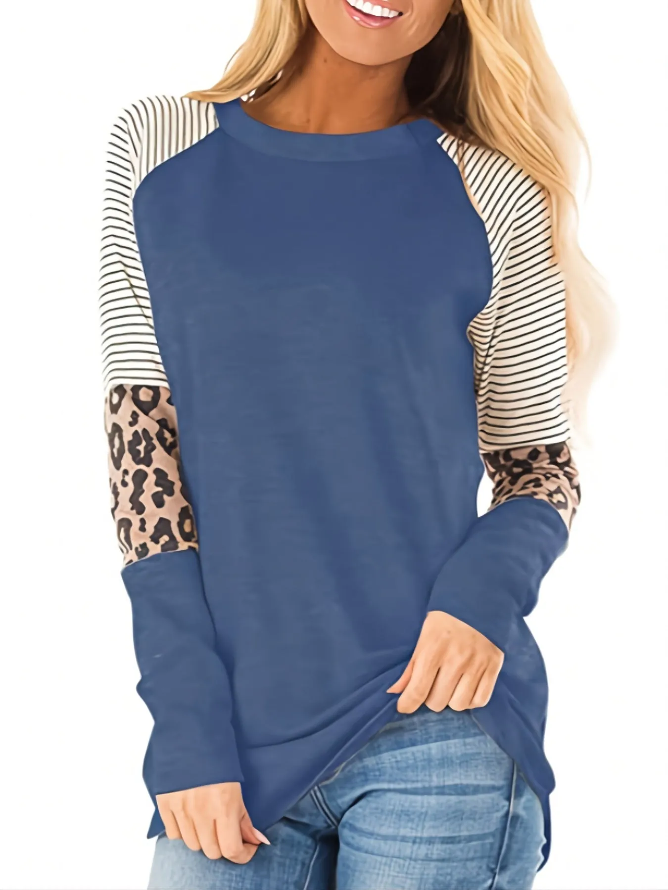 Leopard Print Color Block Casual Crew Neck Long Sleeve Casual Every Day Tops