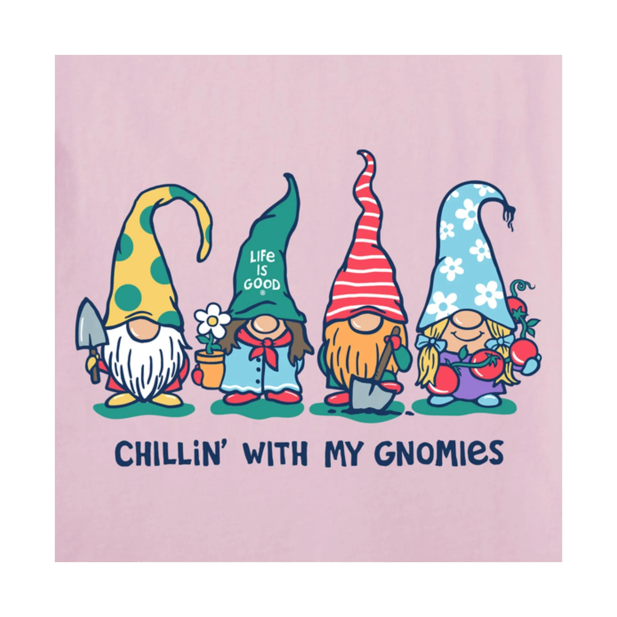 Life Is Good Women's Garden Gnomies Chillin' Short Sleeve Tee - Seashell Pink