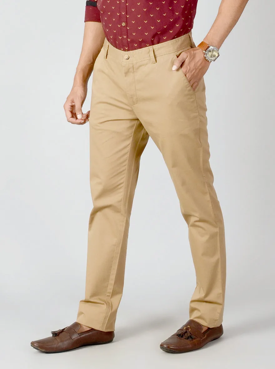 Light Brown Self Textured Slim Fit Casual Trouser | Greenfibre