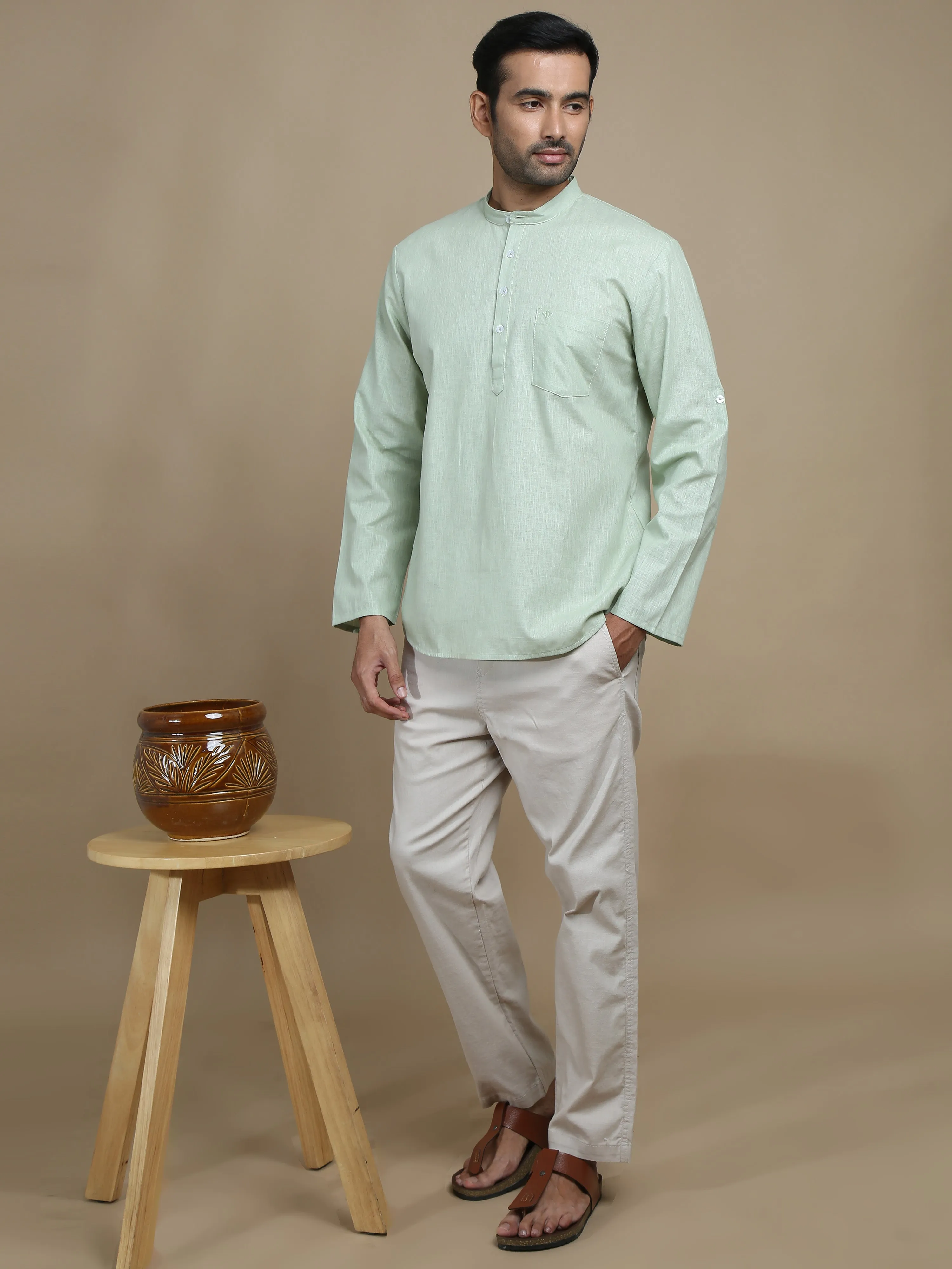 Light Green Cotton Short Kurta