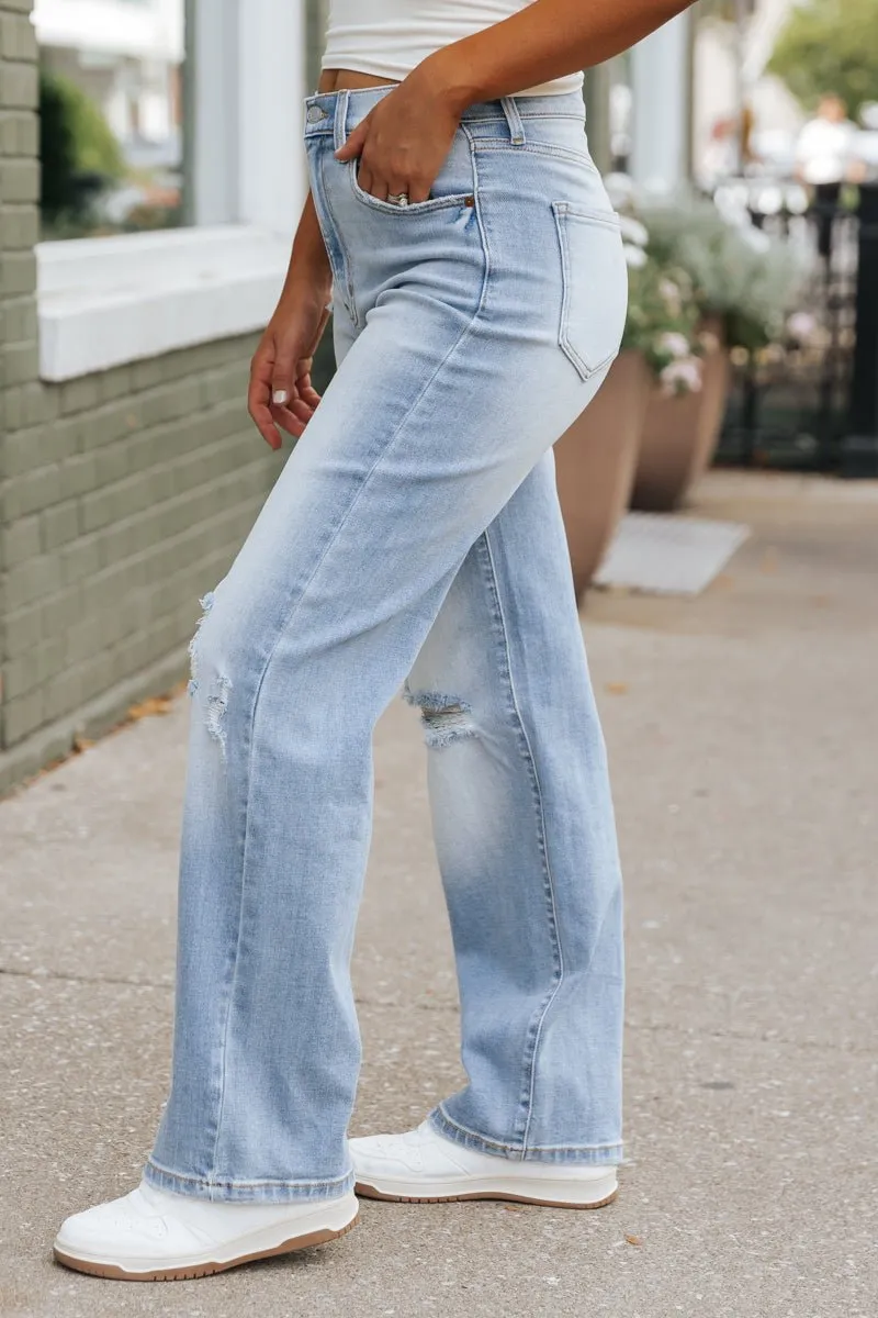 Light Wash Super High Rise Distressed Dad Jeans