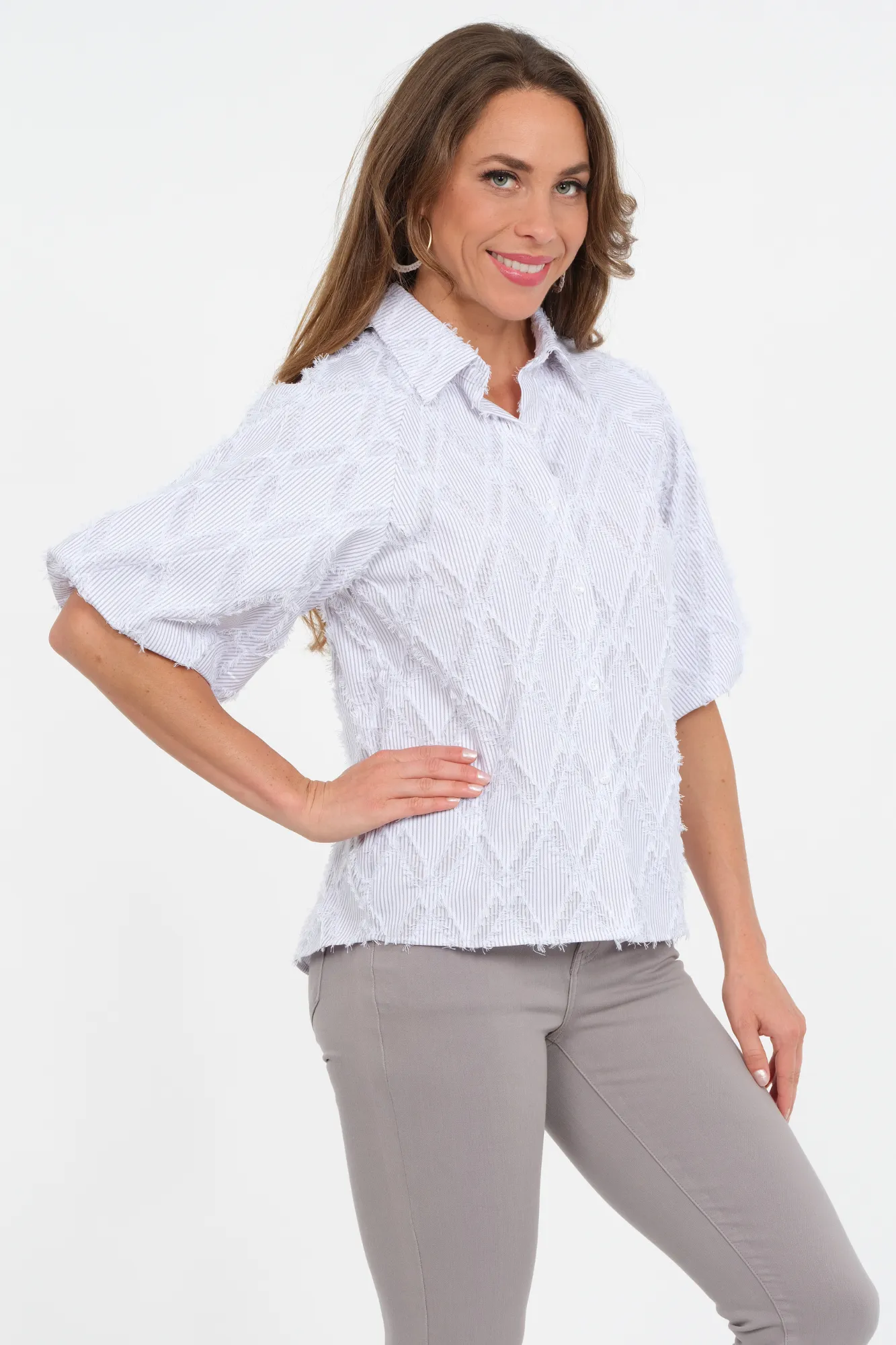 LIOR Women's Embroidered Balloon Sleeve Button Front Soft Grey - "Halo"