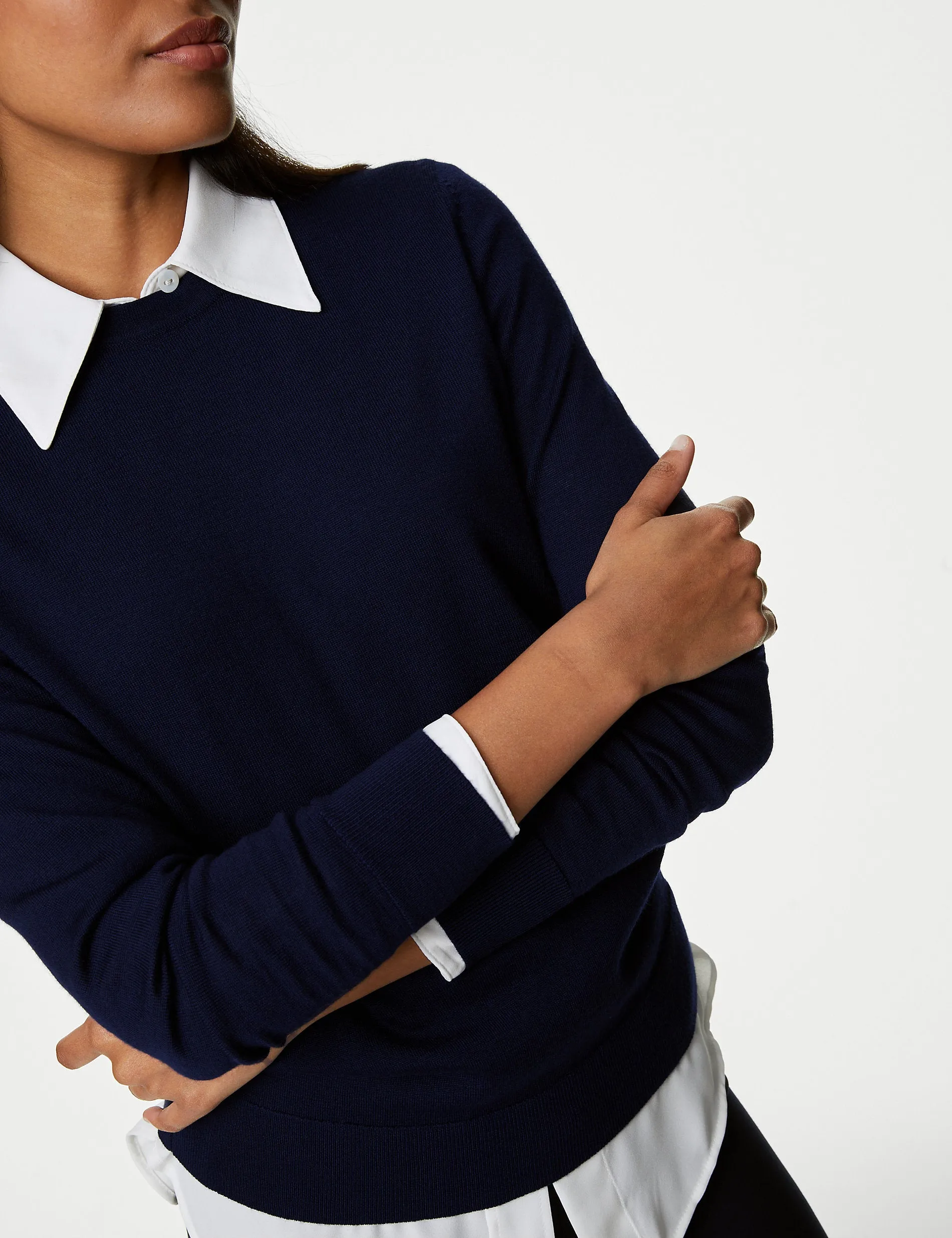 Marks & Spencer Pure Merino Wool Crew Neck Jumper, Navy