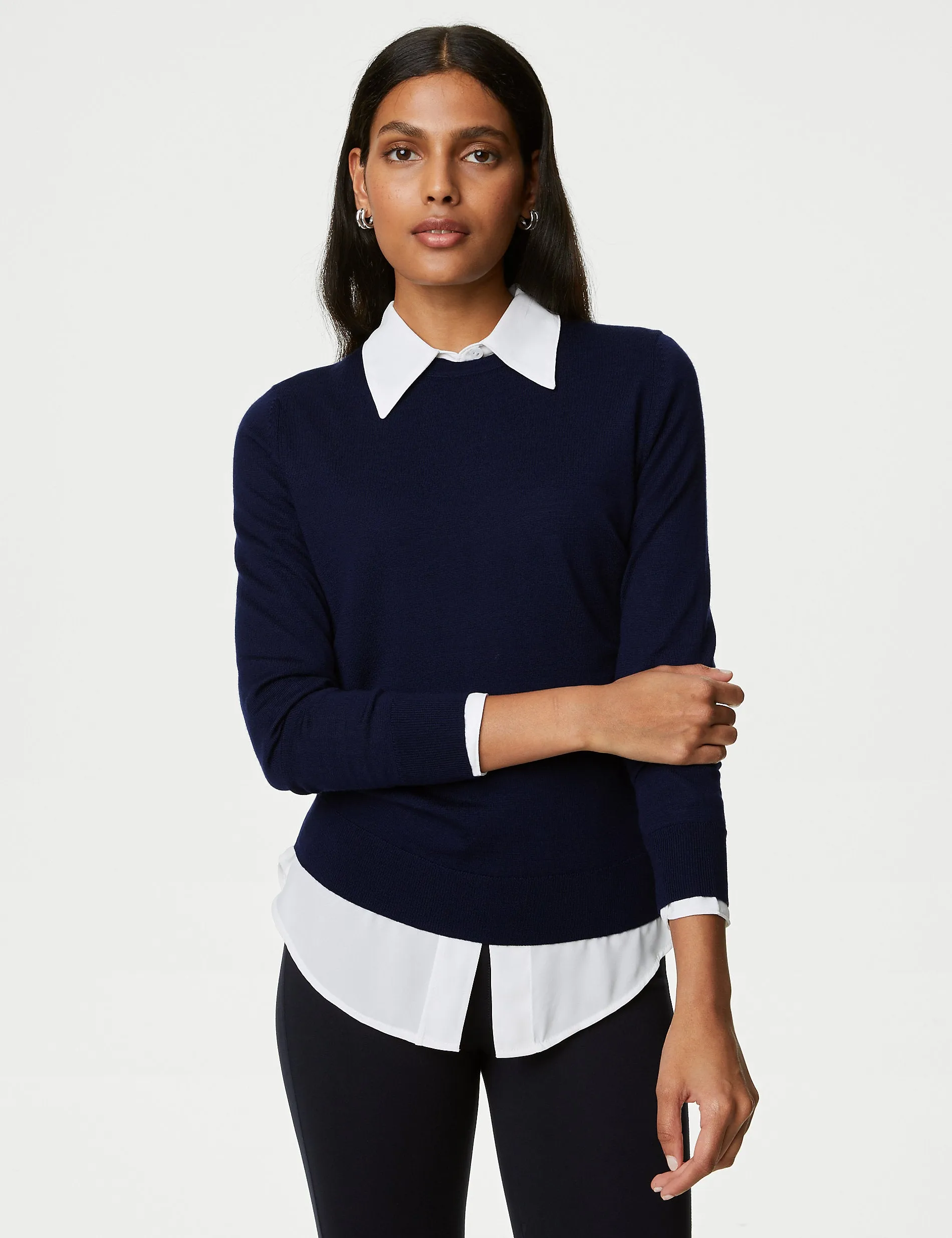 Marks & Spencer Pure Merino Wool Crew Neck Jumper, Navy