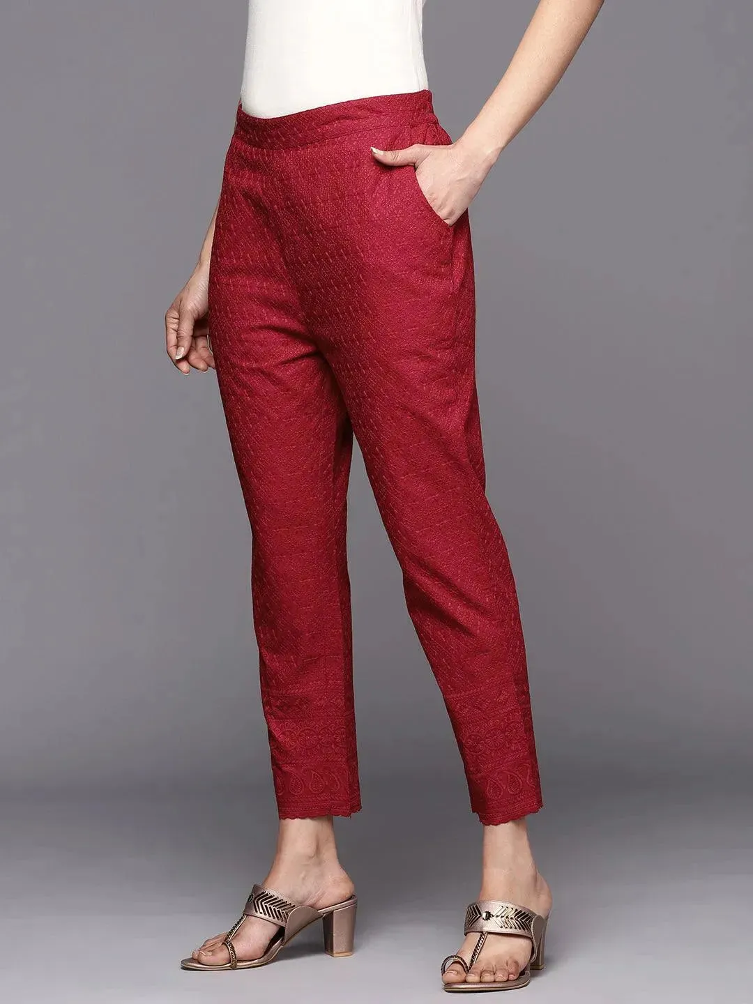 Maroon Embroidered Cotton Trousers