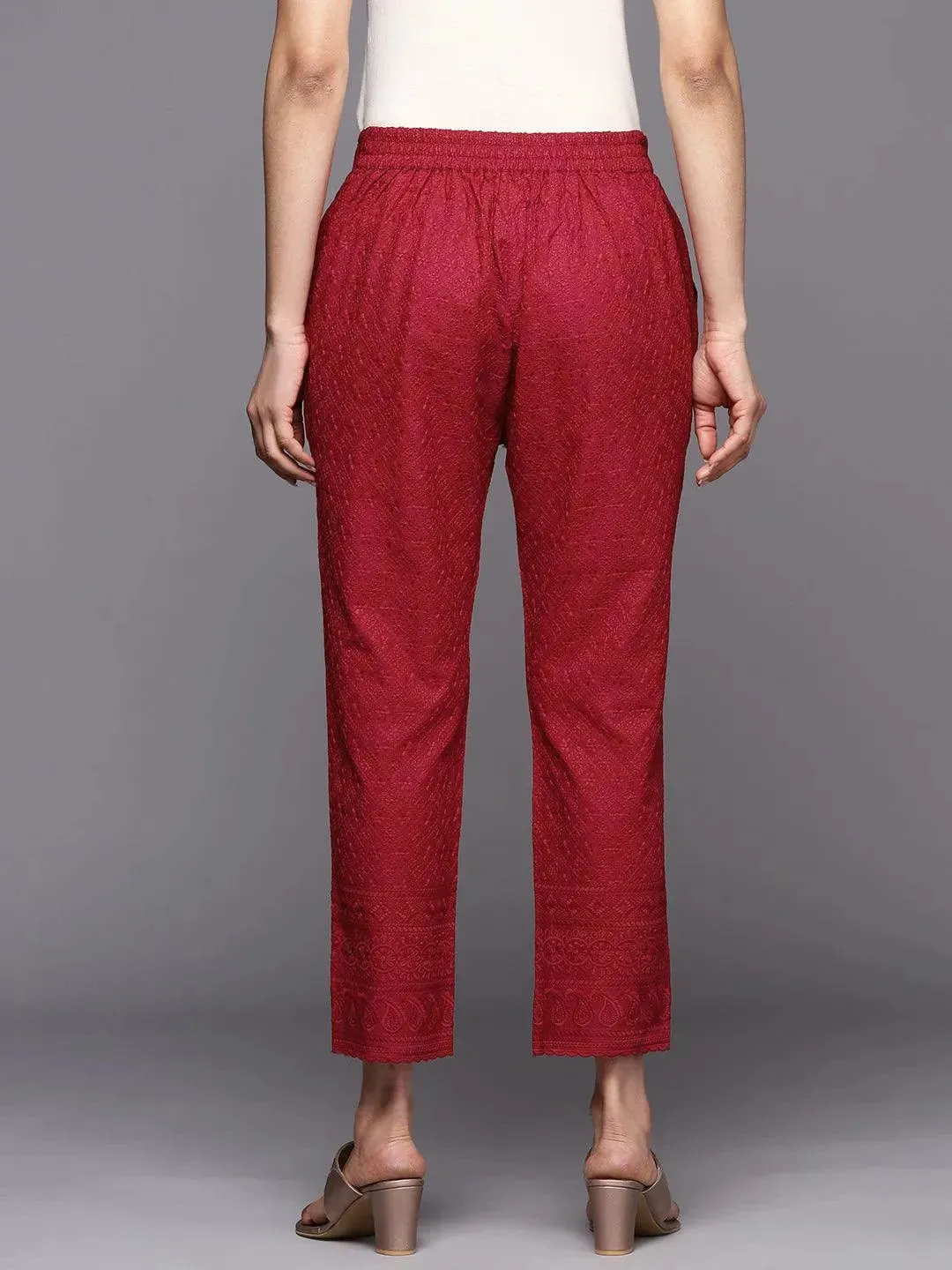 Maroon Embroidered Cotton Trousers