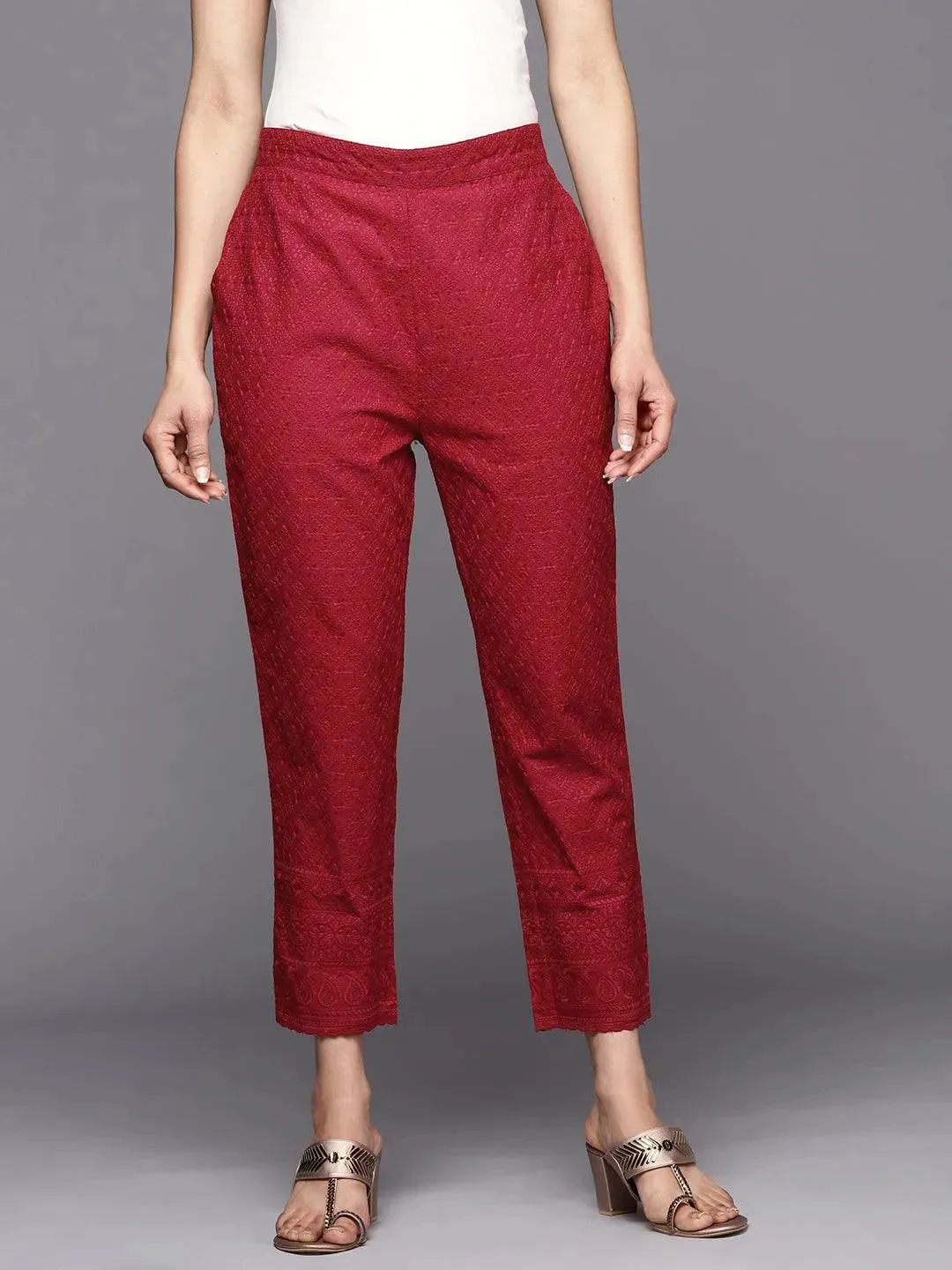 Maroon Embroidered Cotton Trousers