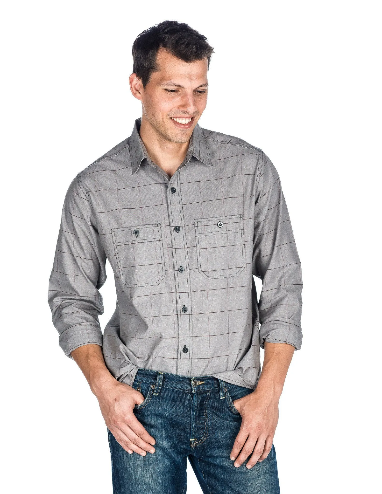 Men's Comfort-Fit Cotton Chambray Casual Shirt - Checks Charcoal-Burgundy