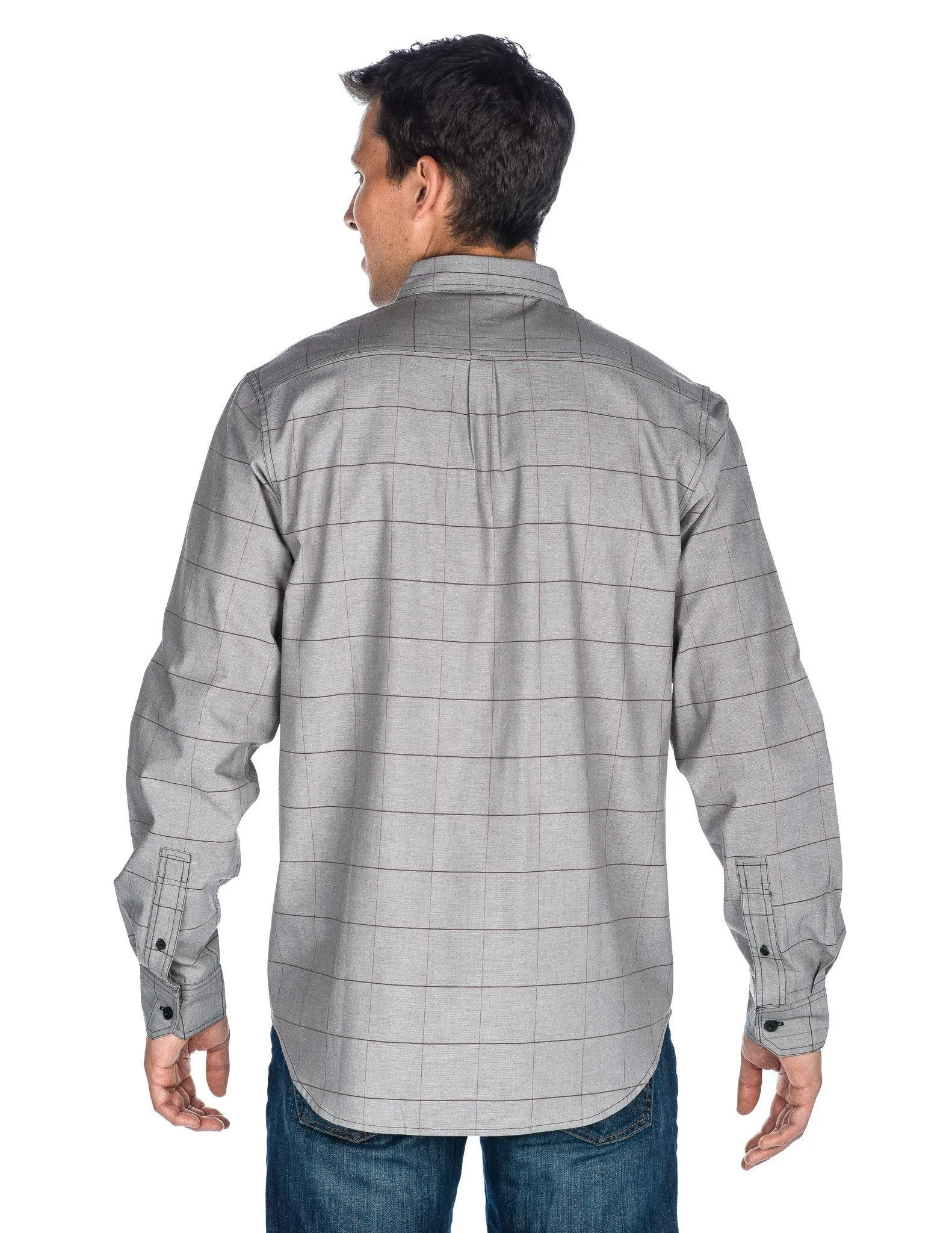 Men's Comfort-Fit Cotton Chambray Casual Shirt - Checks Charcoal-Burgundy