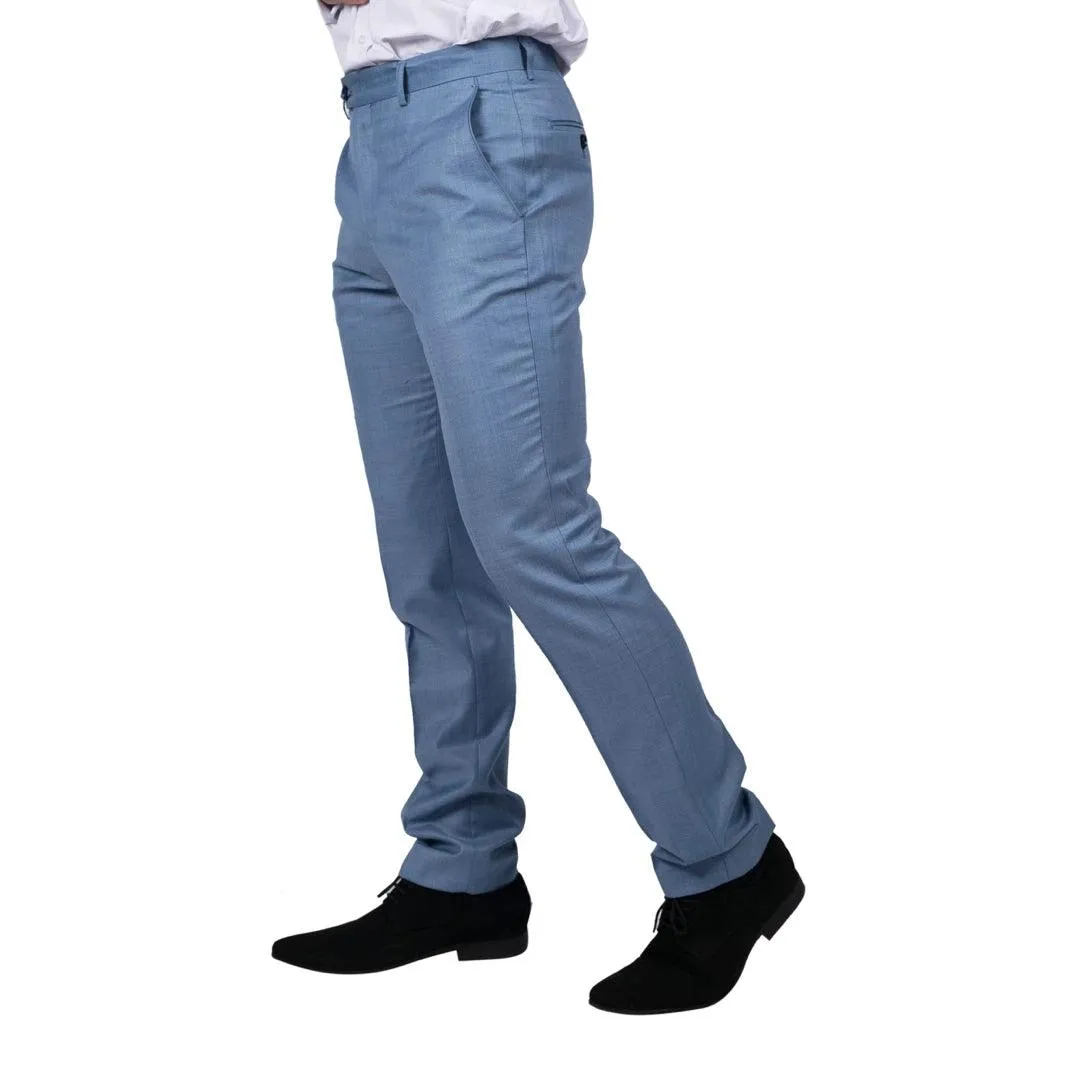 Mens Light Blue Sky Trousers Classic Stitch Wedding Summer Prom Classic