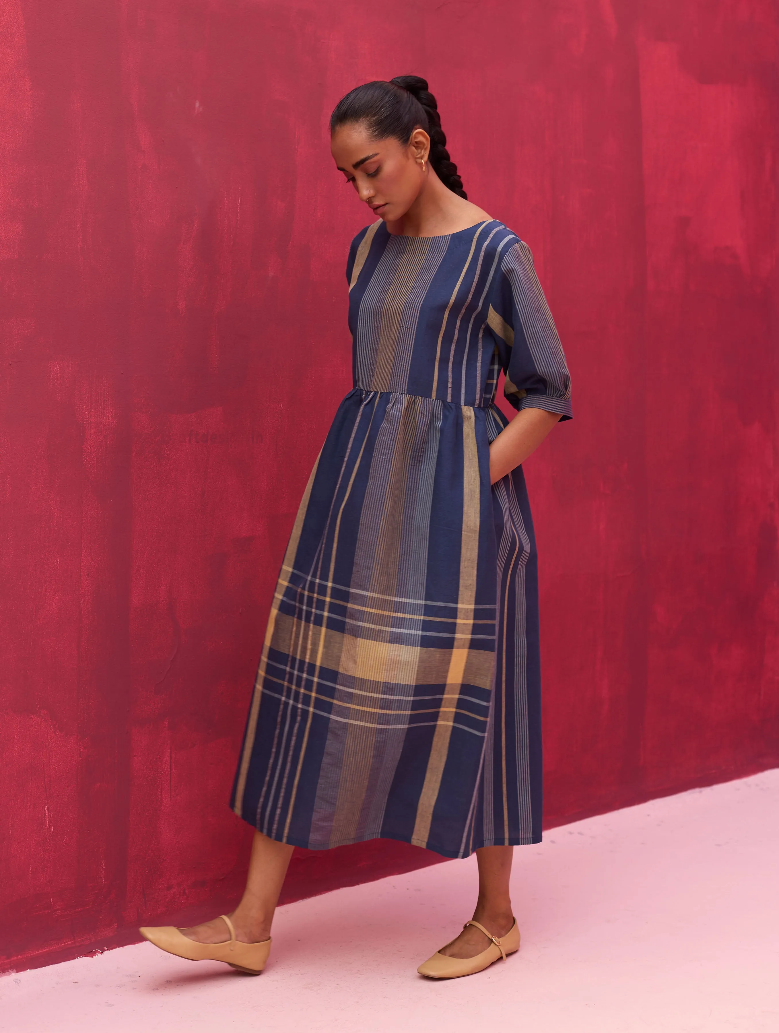 Nata Check Linen Dress - Navy