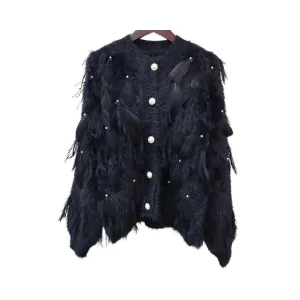 Pre Order:  Knitted O-Neck Tassel Feathered Cardigan