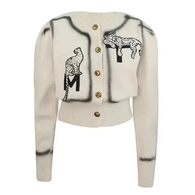 Pre Order:  Leopard Embroidery Puff Sleeve Vintage Cardigan