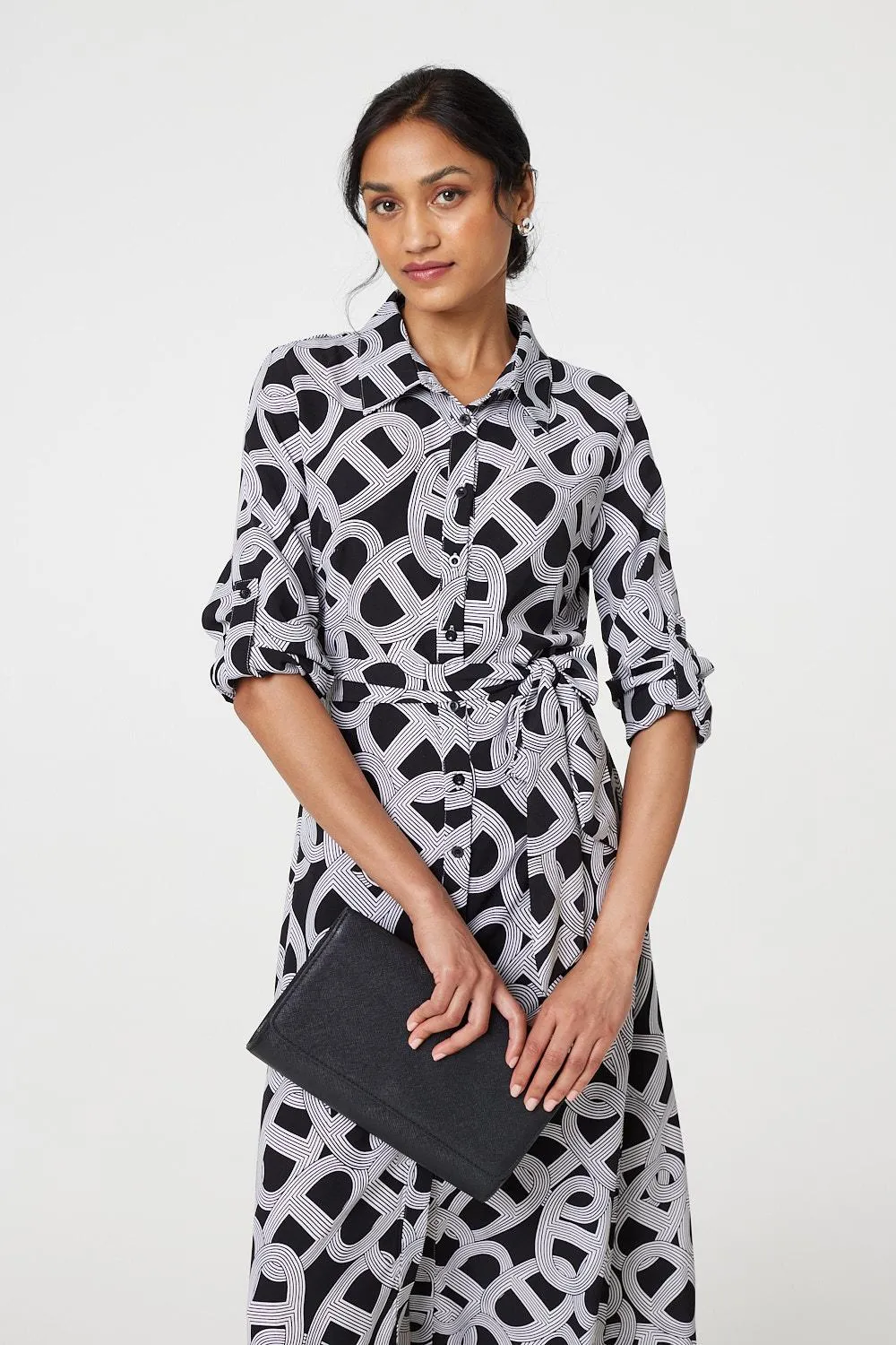 Printed Long Sleeve Shirt Maxi Dress