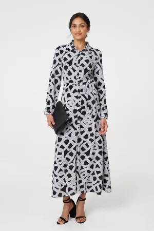 Printed Long Sleeve Shirt Maxi Dress