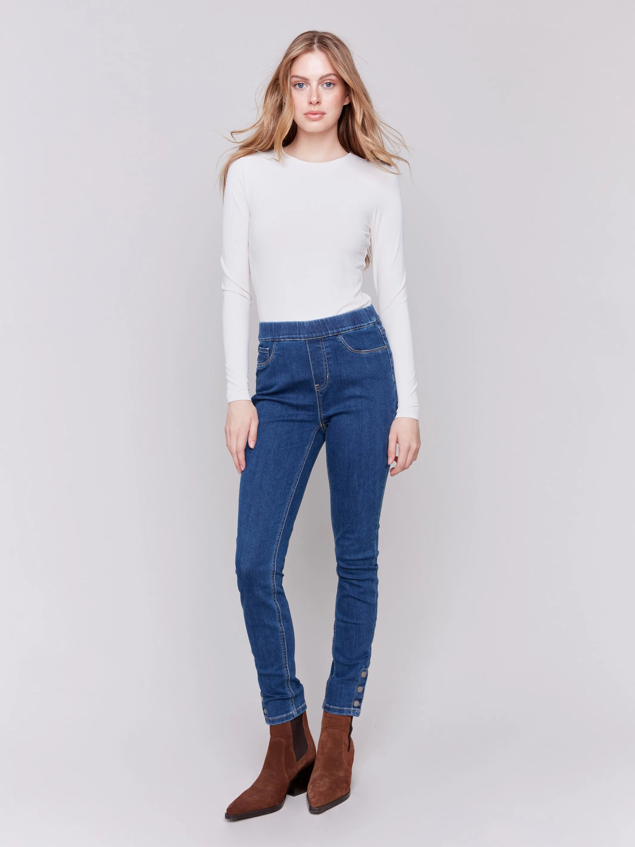 Pull-On Jeans with Snap Button Hem - Indigo