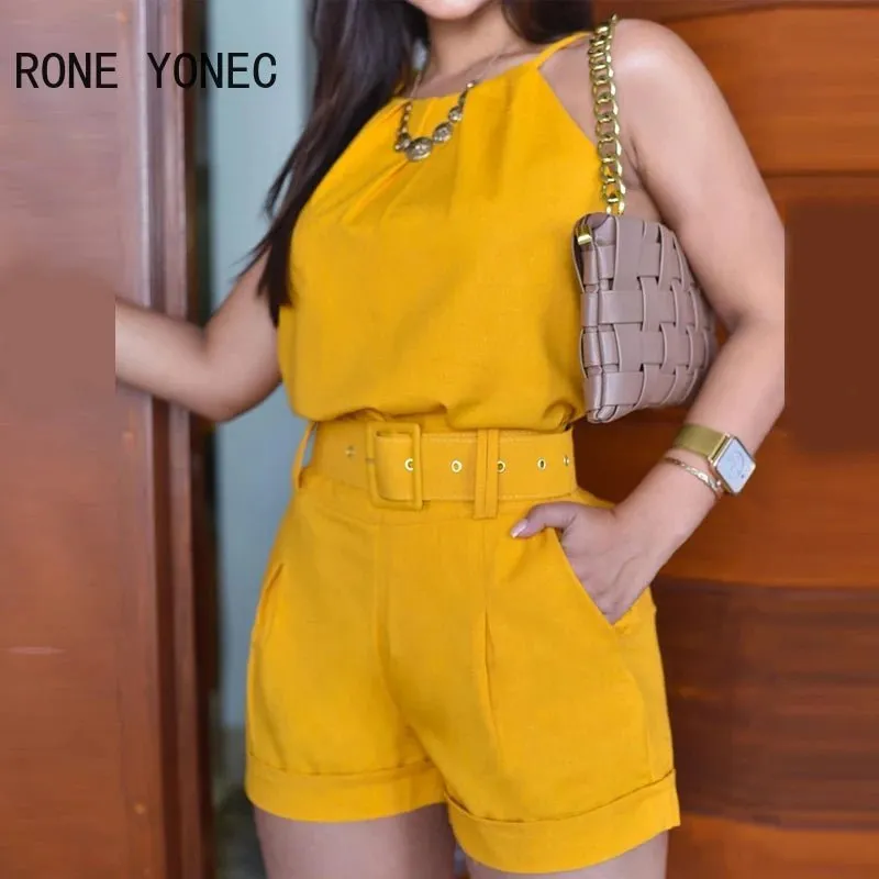 Sleeveless set and short pants with Belts for women's on summer