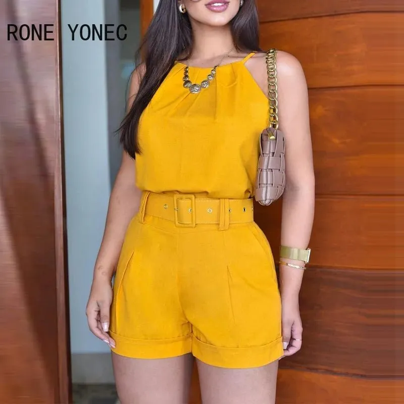 Sleeveless set and short pants with Belts for women's on summer