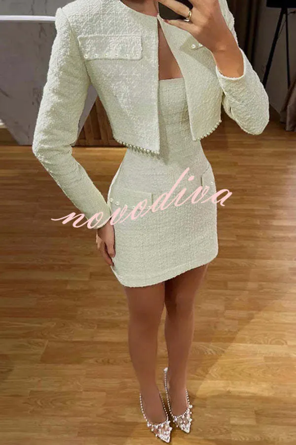 Stylish and Elegant Tweed Pearl-embellished Long-sleeved Jacket