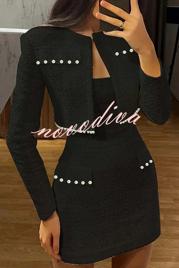 Stylish and Elegant Tweed Pearl-embellished Long-sleeved Jacket