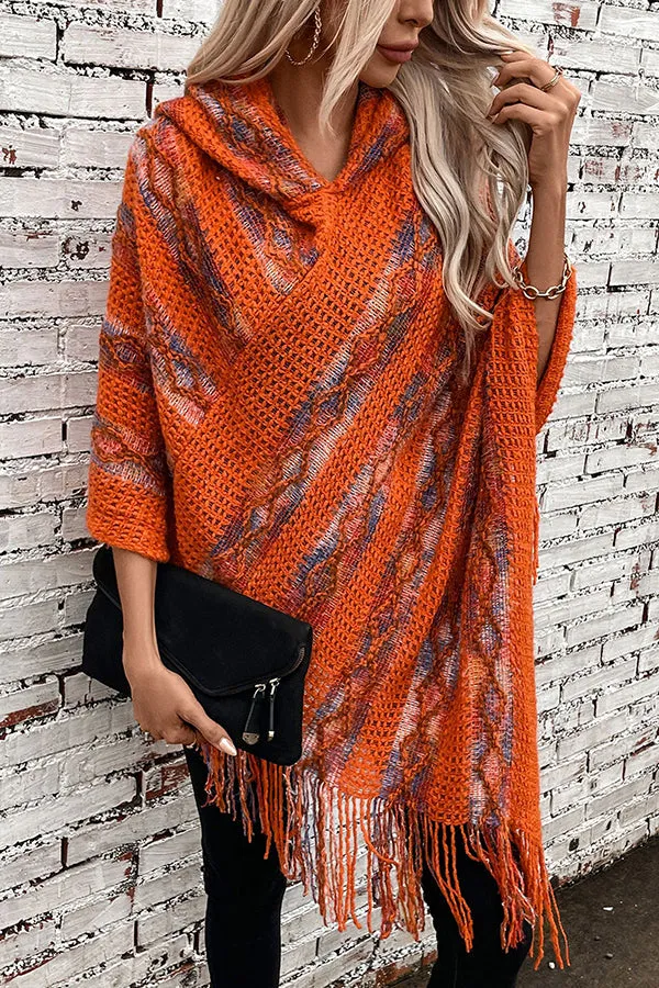 Stylish Colorful Striped Tassel Hem Knitted Hooded Shawl Cape